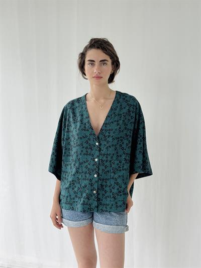 Retrobird Design V-Neck Dark Green Kimono Shirt