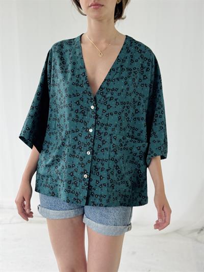 Retrobird Design V-Neck Dark Green Kimono Shirt