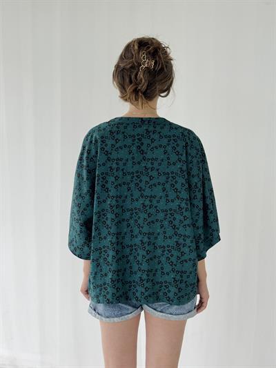 Retrobird Design V-Neck Dark Green Kimono Shirt