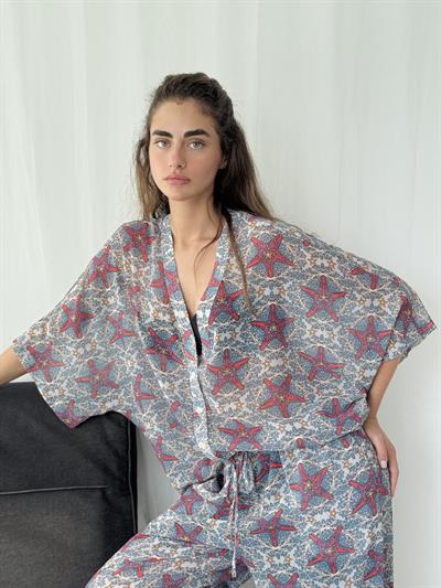Retrobird Design Multicolored V-Neck Chiffon Kimono Shirt