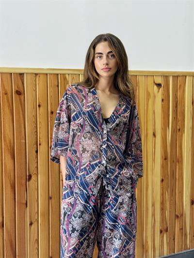 Retrobird Design Plum V-Neck Chiffon Kimono Shirt