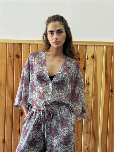 Retrobird Design Multicolored V-Neck Chiffon Kimono Shirt