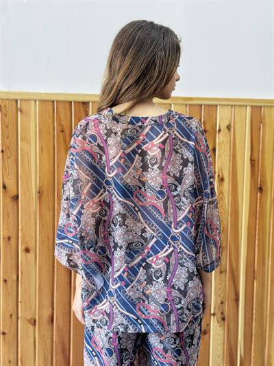 Retrobird Design Plum V-Neck Chiffon Kimono Shirt