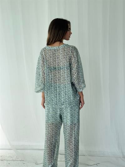 Retrobird Design Mint V-Neck Chiffon Kimono Shirt