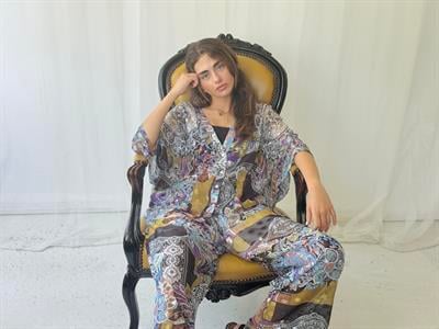 Retrobird Design V-Neck Light Blue Chiffon Kimono Shirt