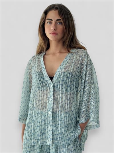 Retrobird Design Mint V-Neck Chiffon Kimono Shirt