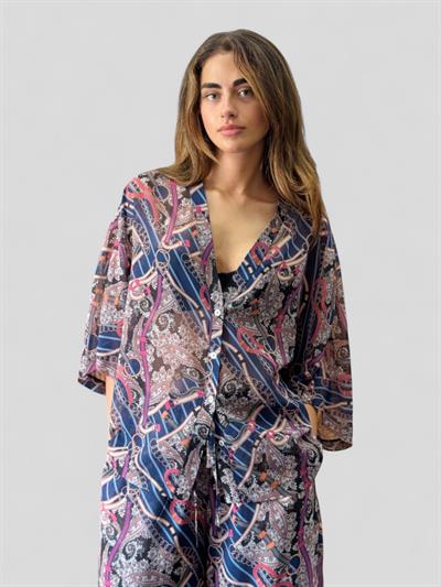 Retrobird Design Plum V-Neck Chiffon Kimono Shirt