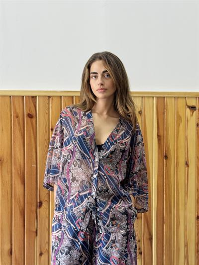 Retrobird Design Plum V-Neck Chiffon Kimono Shirt
