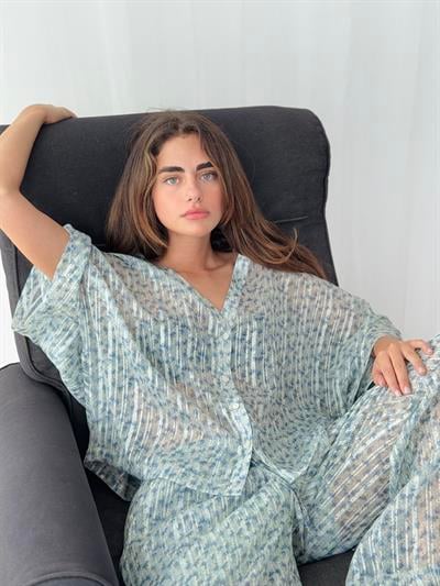 Retrobird Design Mint V-Neck Chiffon Kimono Shirt