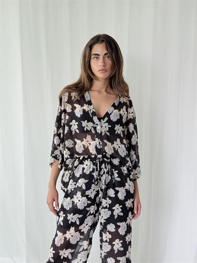 Retrobird Design Black and White V-Neck Chiffon Kimono Shirt