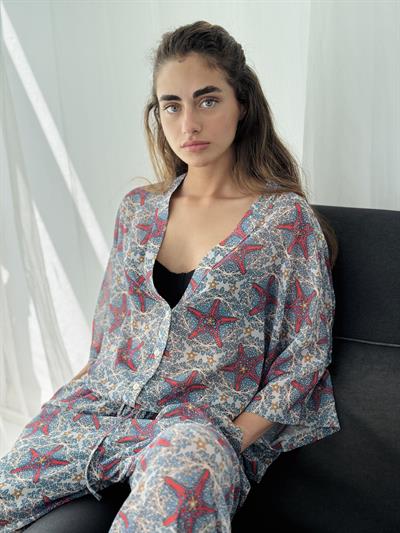 Retrobird Design Multicolored V-Neck Chiffon Kimono Shirt