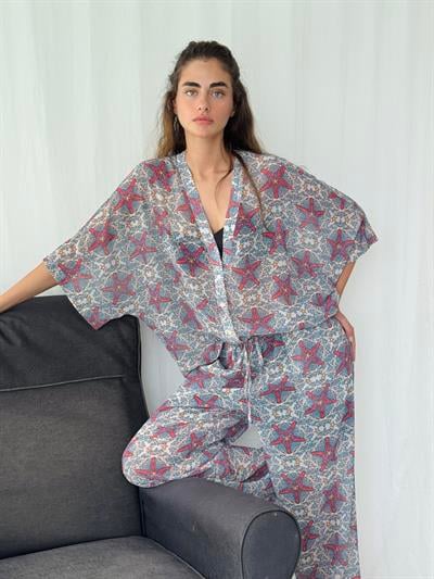 Retrobird Design Multicolored V-Neck Chiffon Kimono Shirt