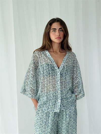 Retrobird Design Mint V-Neck Chiffon Kimono Shirt