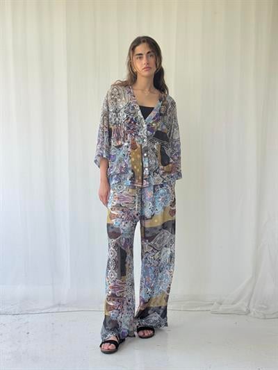 Retrobird Design V-Neck Light Blue Chiffon Kimono Shirt