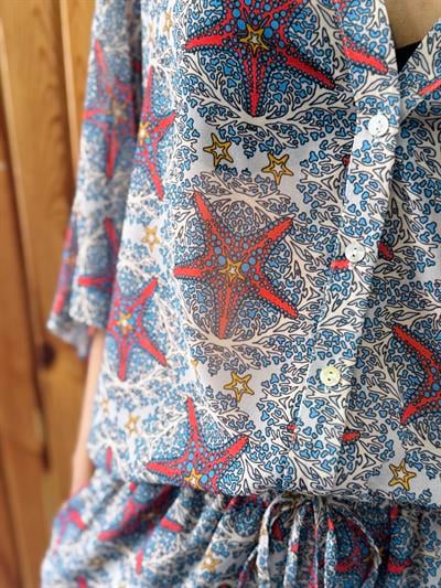 Retrobird Design Multicolored V-Neck Chiffon Kimono Shirt