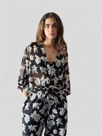 Retrobird Design Black and White V-Neck Chiffon Kimono Shirt