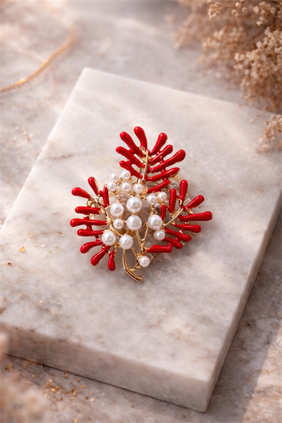 Retrobird Tasarım Vintage Kırmızı Mercan Dalları Broş Yaka İğnesi