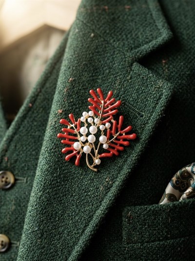 Retrobird Tasarım Vintage Kırmızı Mercan Dalları Broş Yaka İğnesi