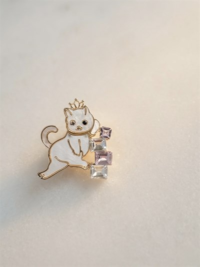 Retrobird Tasarım Vintage Sedef Renkli Kedi Broş Yaka İğnesi