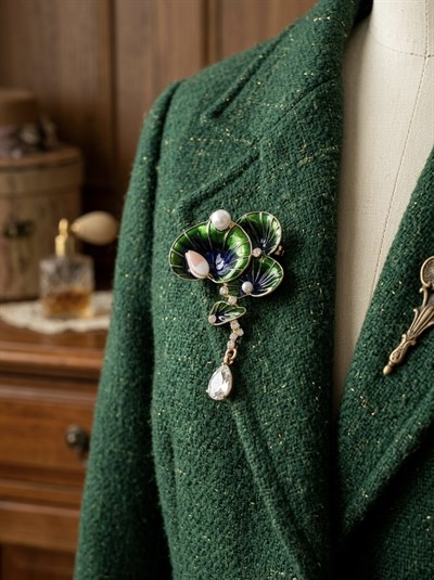 Retrobird Tasarım Vintage Petrol Renkli Nilüfer Yaprakları Broş Yaka İğnesi