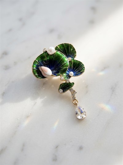 Retrobird Tasarım Vintage Petrol Renkli Nilüfer Yaprakları Broş Yaka İğnesi