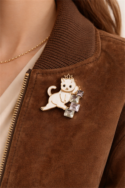 Retrobird Tasarım Vintage Sedef Renkli Kedi Broş Yaka İğnesi