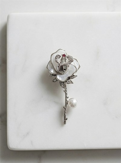 Retrobird Tasarım Vintage Gümüş Renkli Gül Broş Yaka İğnesi