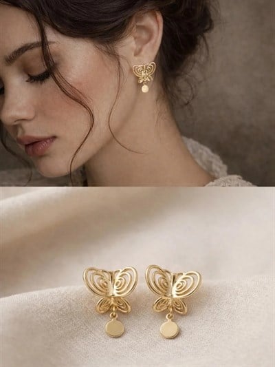 Retrobird Tasarım Vintage Style Altın Renkli Küpe