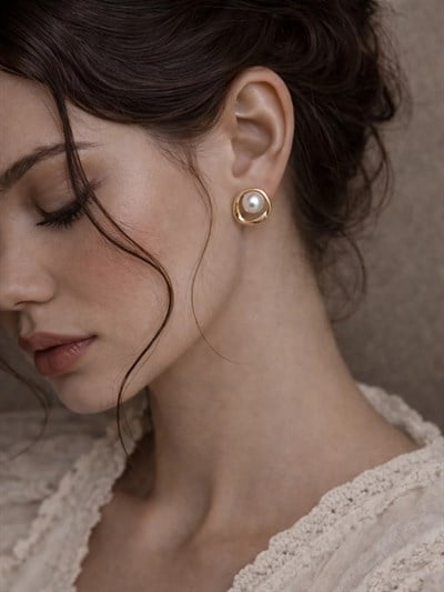 Retrobird Vintage Style İnci - Altın Renkli Tasarım Küpe