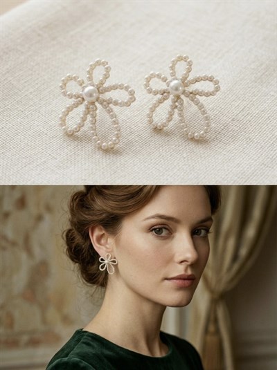 Retrobird Vintage Style Krem - Gold Tasarım Küpe