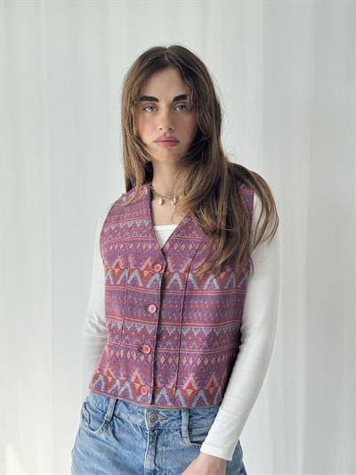 Retrobird Kilim Desen Pembe Tasarım Yelek