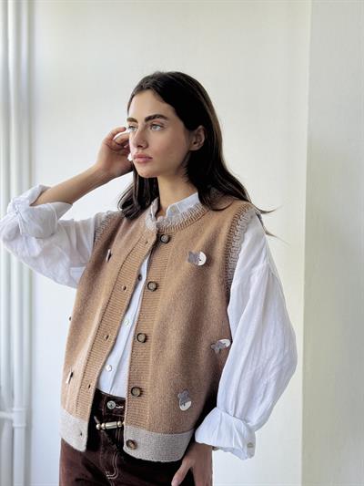 Retrobird Tasarım Nakış Balık Kabartmalı Taba Simli Yelek