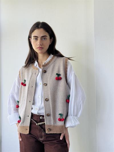 Retrobird Tasarım Nakışlı Kiraz Kabartmalı Gri Simli Yelek