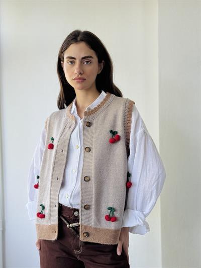 Retrobird Tasarım Nakışlı Kiraz Kabartmalı Gri Simli Yelek