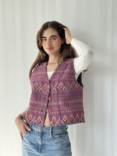 Retrobird Kilim Desen Pembe Tasarım Yelek