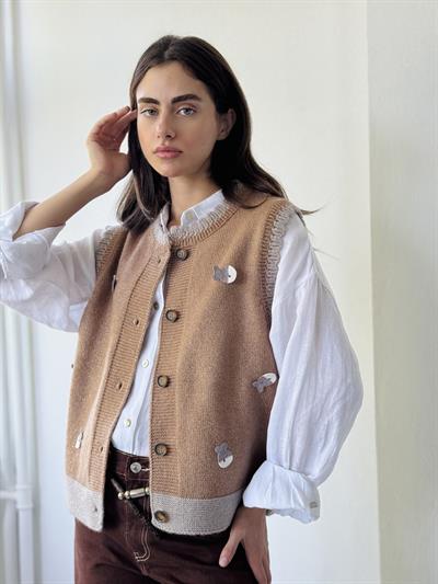 Retrobird Tasarım Nakış Balık Kabartmalı Taba Simli Yelek