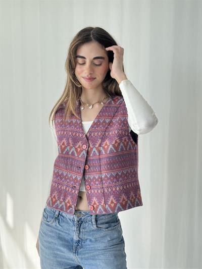 Retrobird Kilim Desen Pembe Tasarım Yelek