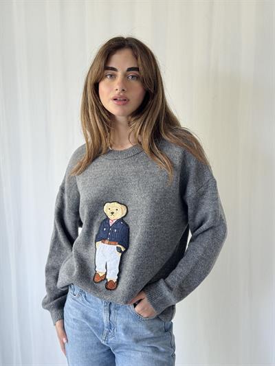 Retrobird Teddy Bear Kabartmalı Gri Triko Kazak