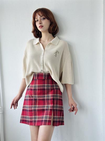 Retrobird Tek Yırtmaçlı Ekose Kırmızı Çan Mini Etek