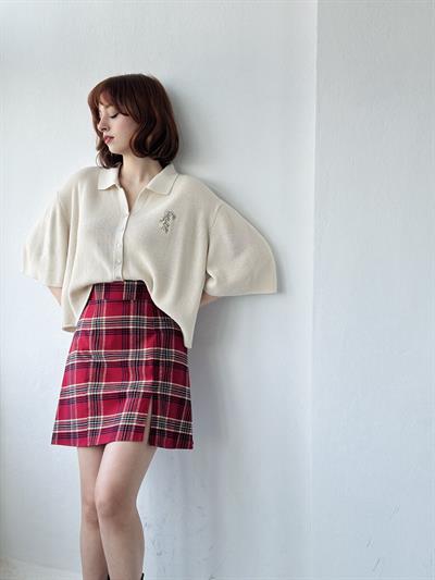 Retrobird Tek Yırtmaçlı Ekose Kırmızı Çan Mini Etek