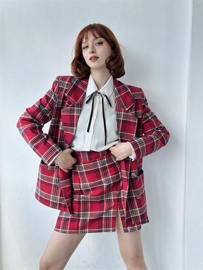 Retrobird Tek Yırtmaçlı Ekose Kırmızı Çan Mini Etek