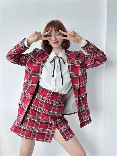 Retrobird Tek Yırtmaçlı Ekose Kırmızı Çan Mini Etek