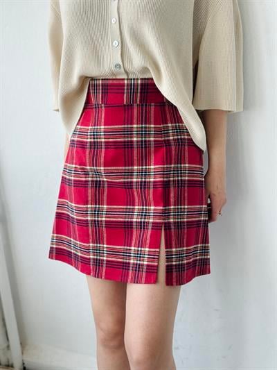 Retrobird Tek Yırtmaçlı Ekose Kırmızı Çan Mini Etek