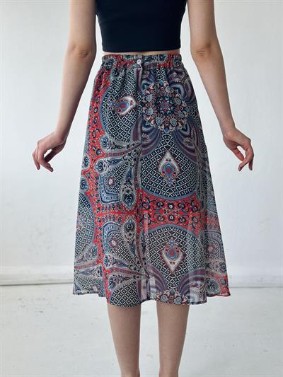 Retrobird Transparan Midi Boy Şifon Astarlı Romantik Tasarım Lacivert Etek