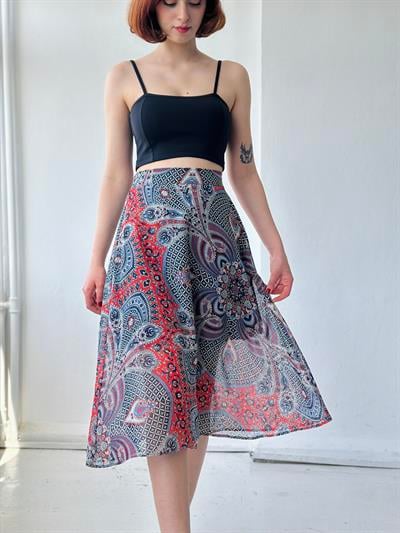 Retrobird Transparan Midi Boy Şifon Astarlı Romantik Tasarım Lacivert Etek