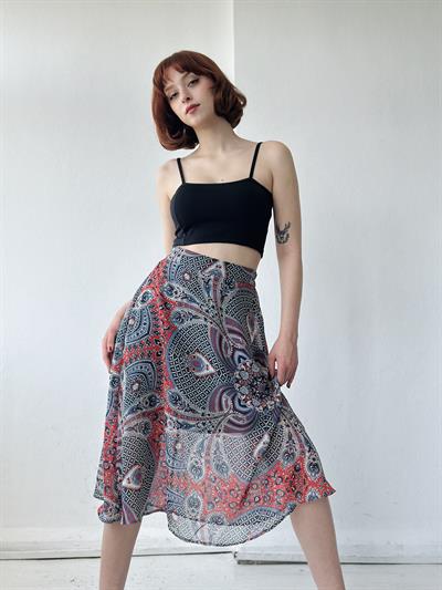 Retrobird Transparan Midi Boy Şifon Astarlı Romantik Tasarım Lacivert Etek