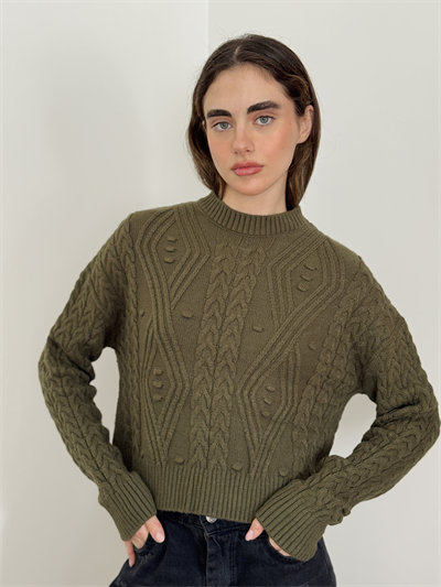 Retrobird Embossed Pattern Khaki Knit Sweater
