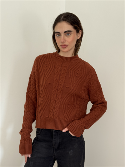 Retrobird Embossed Patterned Terracotta Knit Sweater