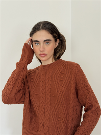 Retrobird Embossed Patterned Terracotta Knit Sweater