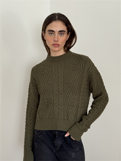 Retrobird Embossed Pattern Khaki Knit Sweater